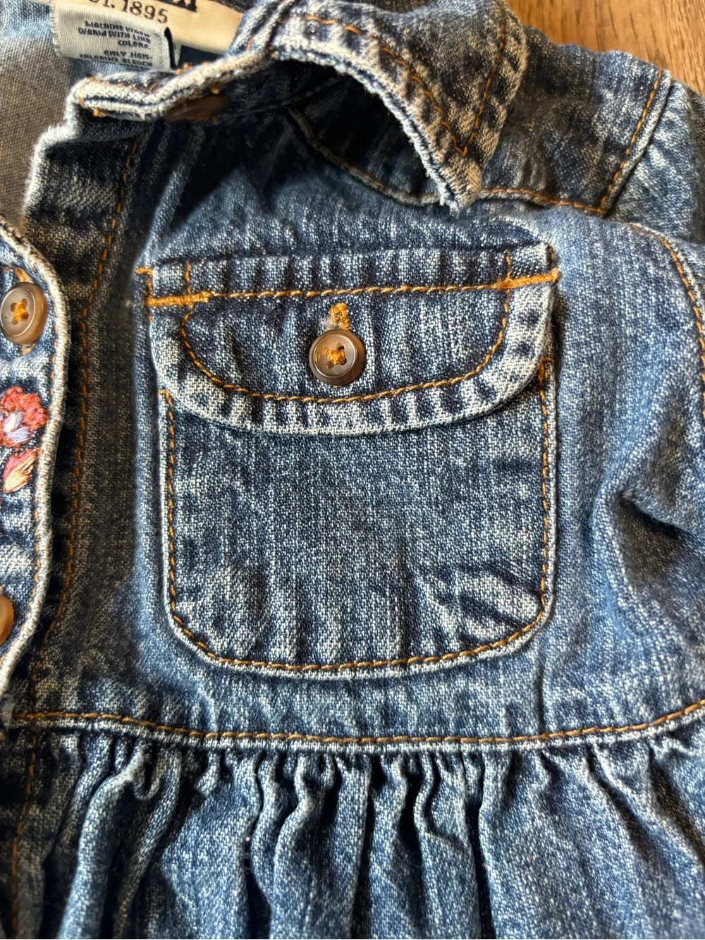 Vintage 2000s Y2K Oshkosh B’Gosh Denim Dress Baby Clothes Outfit Floral 12M
